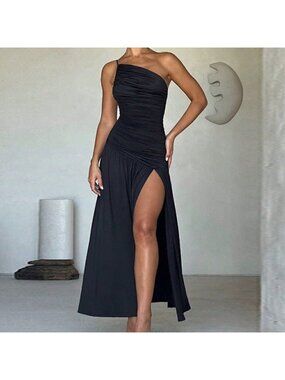 Black Sexy Women's Solid Color Asymmetrical Neck Ruffle Ruched Split Hem Dress